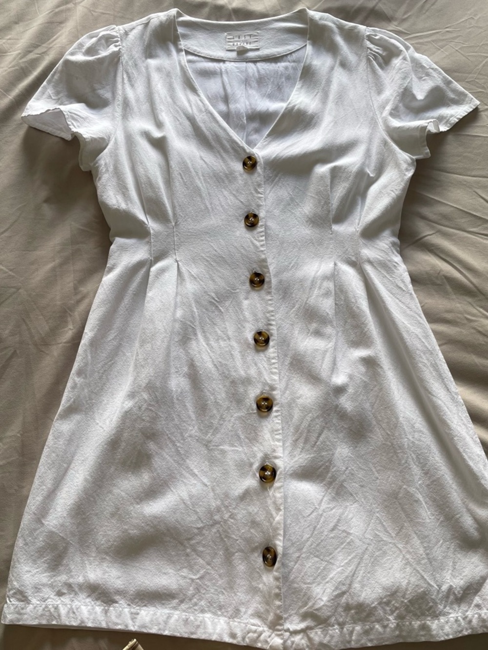 Lost + Wander White Button-Front V-Neck Mini Dress with Tortoiseshell Buttons